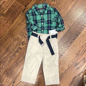 Ralph Lauren and Carters Green Plaid Shirt and Beige Pants Set